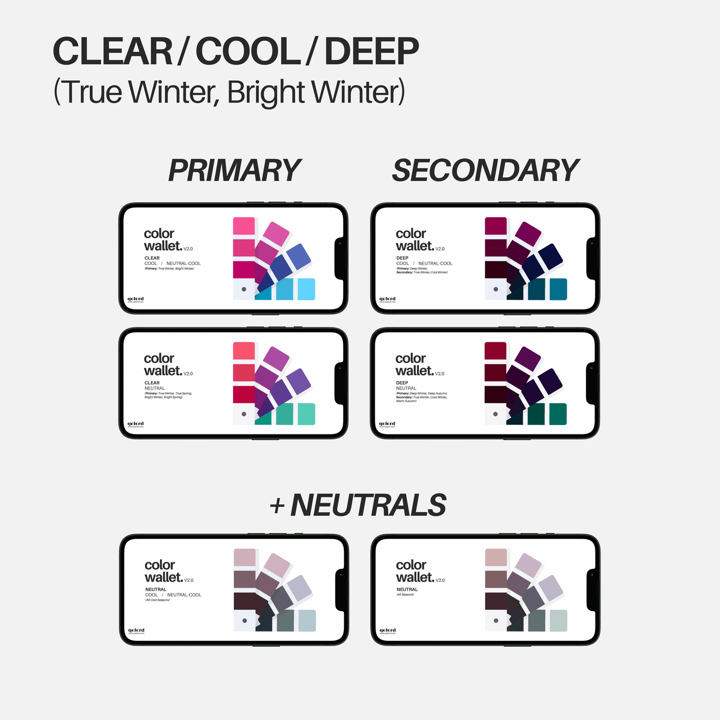 Clear & Cool & Deep | Bundle of 6 Digital Color Wallets | True Winter | Bright Winter - Qolord