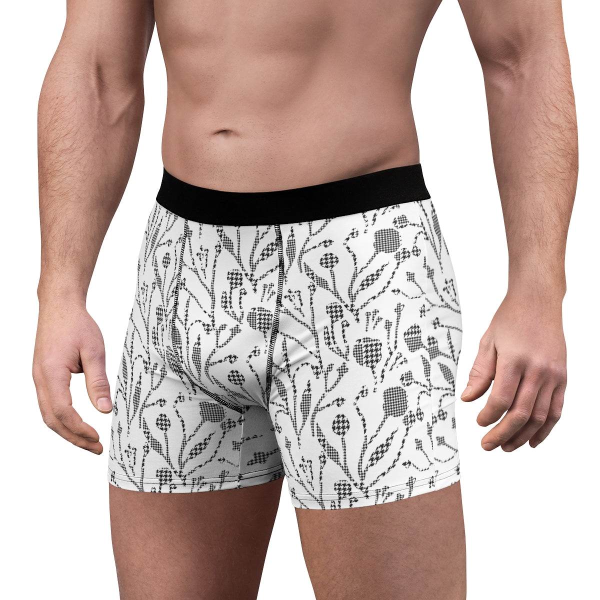 Classic Houndstooth And Floral Black And White Boxer Briefs - Qolord