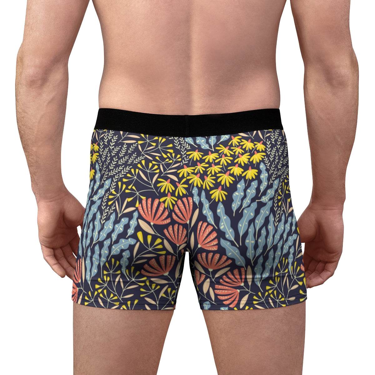 Floral Blue Red And Yellow Detailed Blossom Burst Boxer Briefs - Qolord