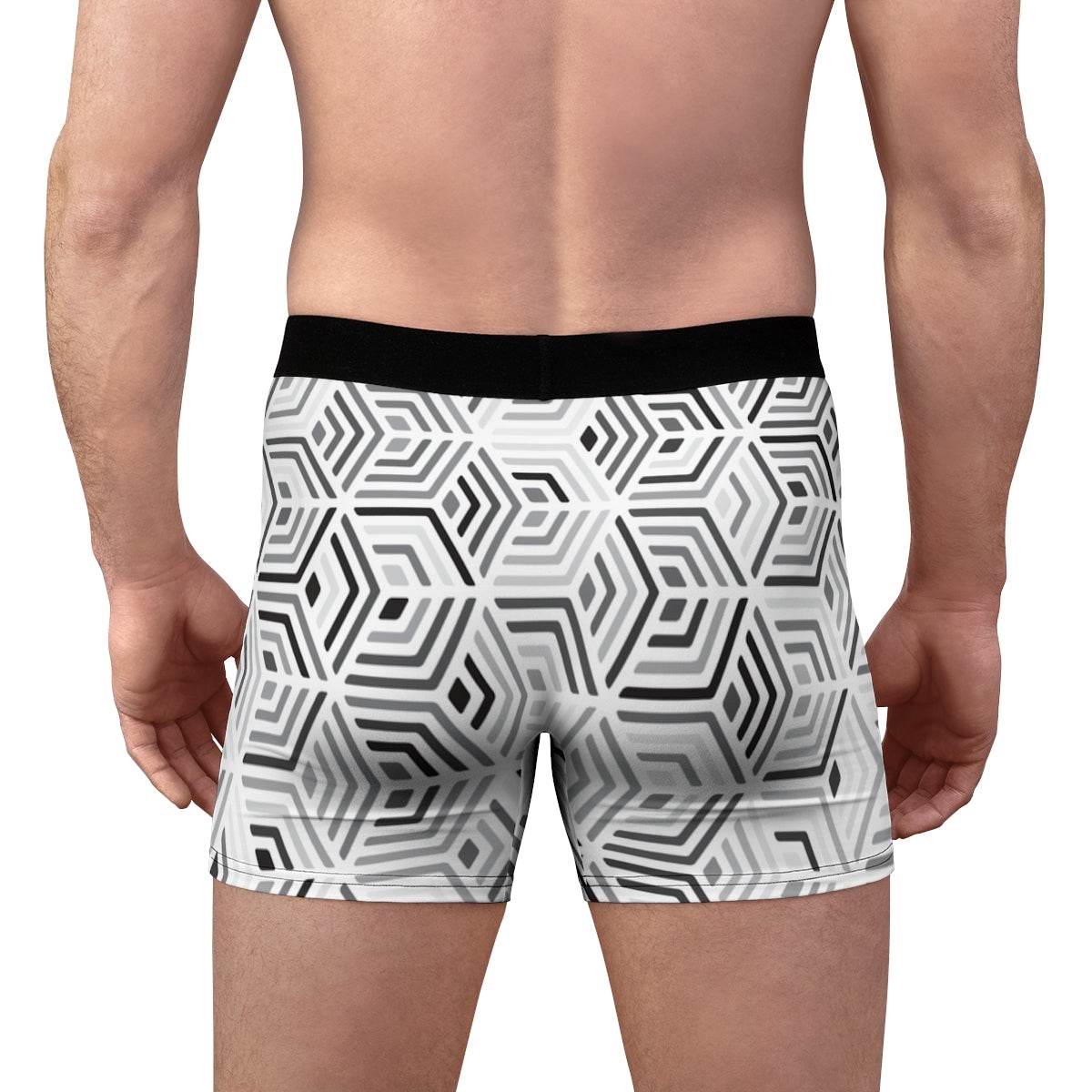 Geometric Gray And White Line Matrix Boxer Briefs - Qolord