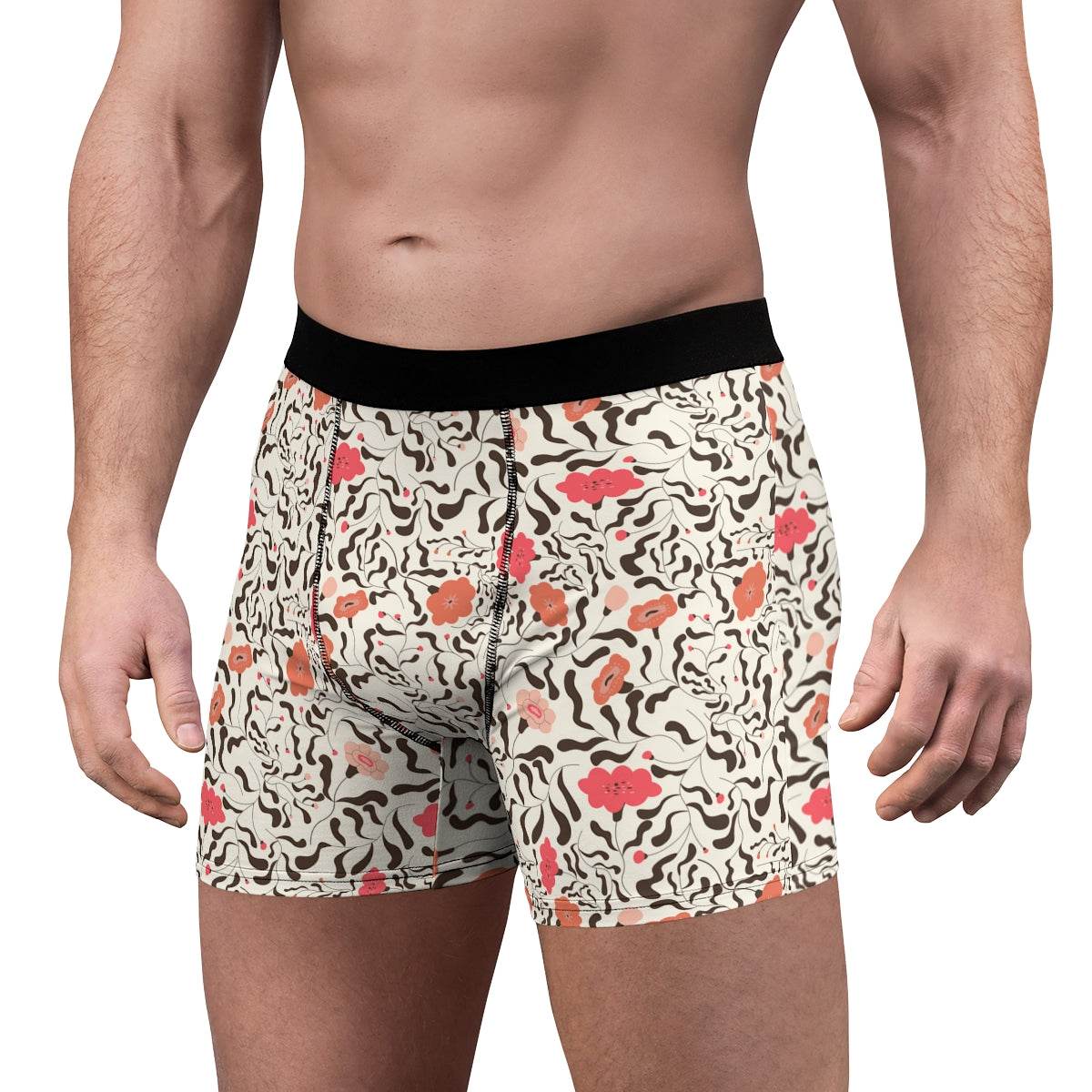 Red Beige And Brown Floral Blossom Boxer Briefs - Qolord