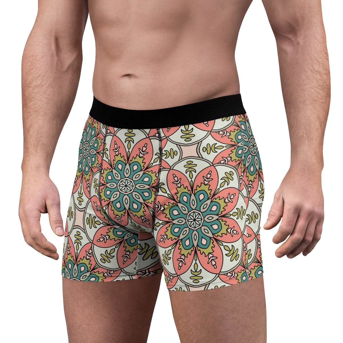Retro Pink Green And Beige Mandala Boxer Briefs - Qolord