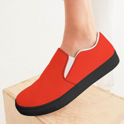 Bright Red Women's Slip-On Canvas Sneakers (R-BR-ME) - Woman CloseUp