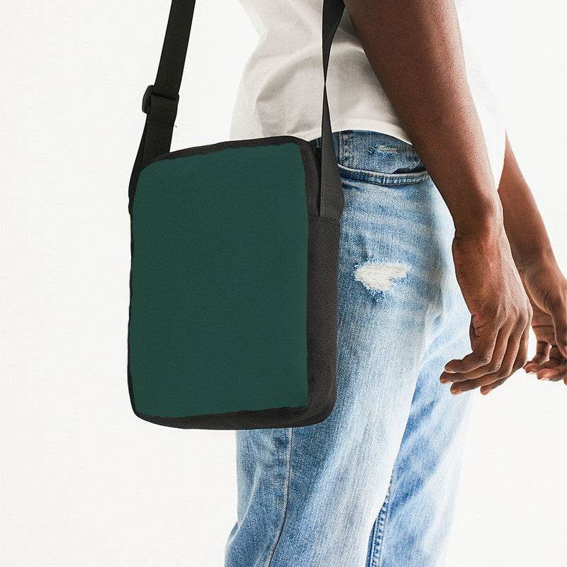 Dark Fully-Muted Blue-Green Messenger Pouch (BG-FM-DA) - Man Side CloseUp