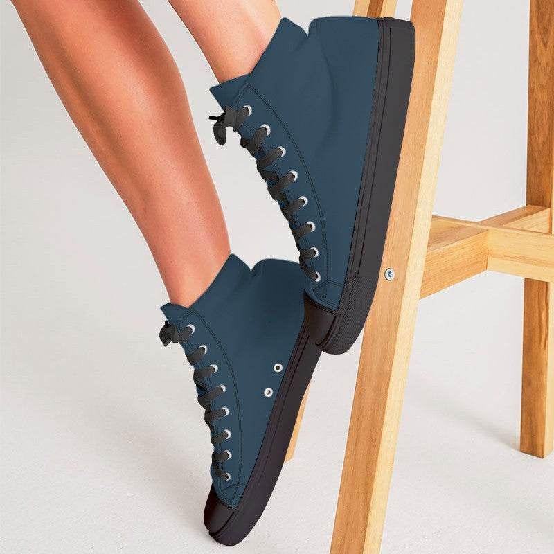Dark Fully-Muted Blue Women's High-Top Canvas Sneakers (B-FM-DA) - Woman CloseUp