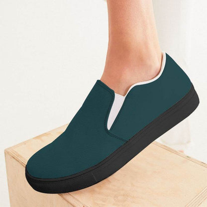 Dark Fully-Muted Cyan Women's Slip-On Canvas Sneakers (C-FM-DA) - Woman CloseUp