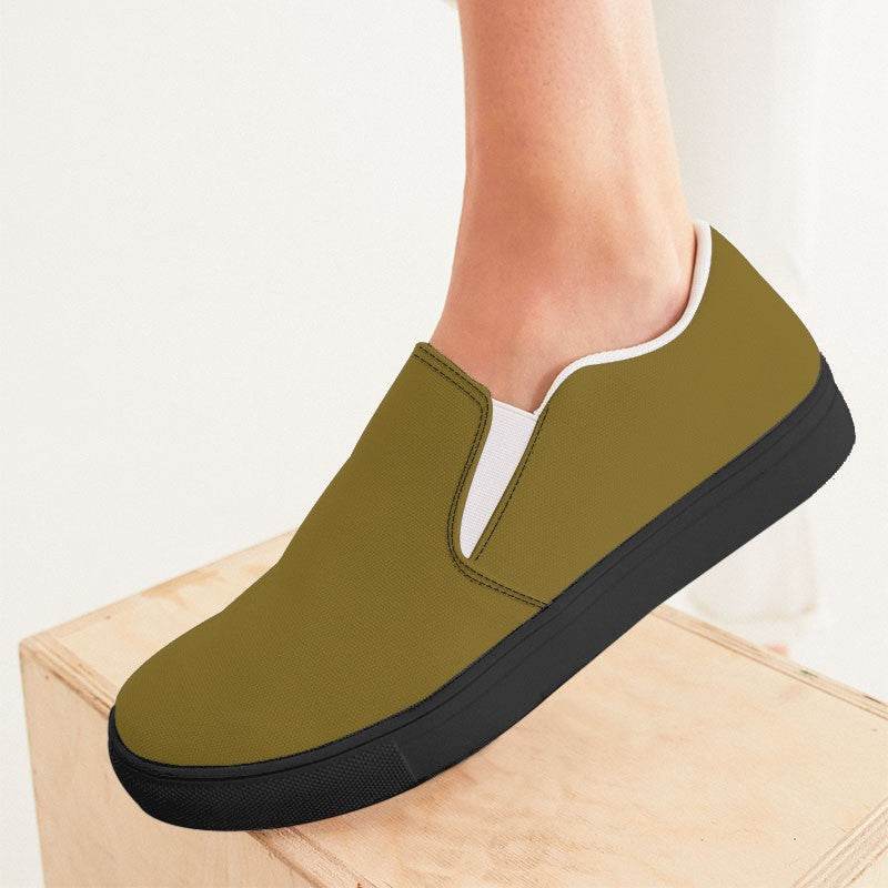 Dark Muted Yellow Women's Slip-On Canvas Sneakers (Y-MU-DA) - Woman CloseUp