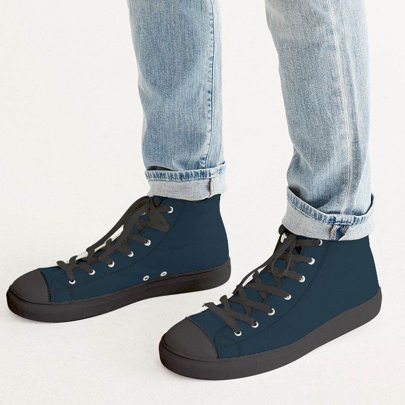 Deep Fully-Muted Blue Men's High-Top Canvas Sneakers (B-FM-DE) - Man CloseUp