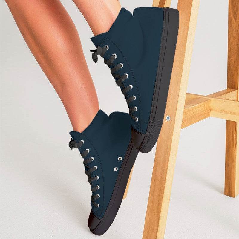 Deep Fully-Muted Blue Women's High-Top Canvas Sneakers (B-FM-DE) - Woman CloseUp