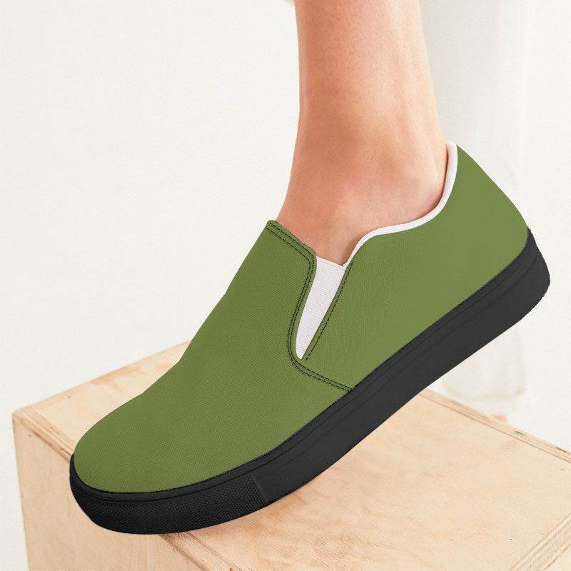 Khaki Green Women's Slip-On Canvas Sneakers (L-MU-MD) - Woman CloseUp