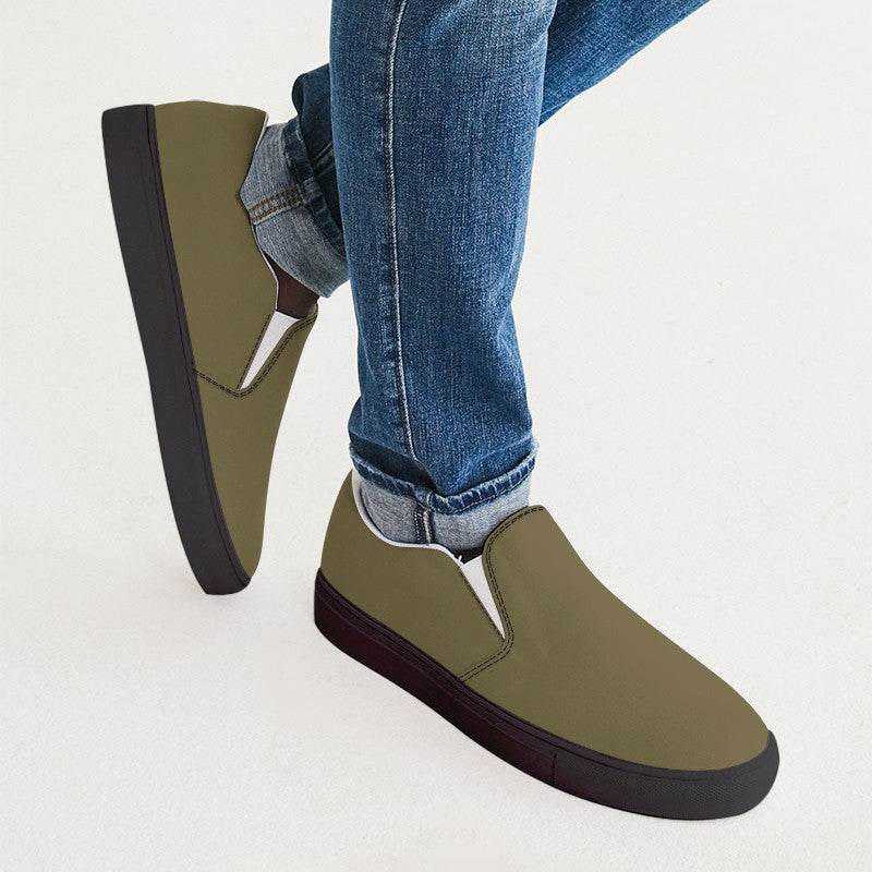 Khaki Olive Men's Slip-On Canvas Sneakers (Y-FM-MD) - Man CloseUp