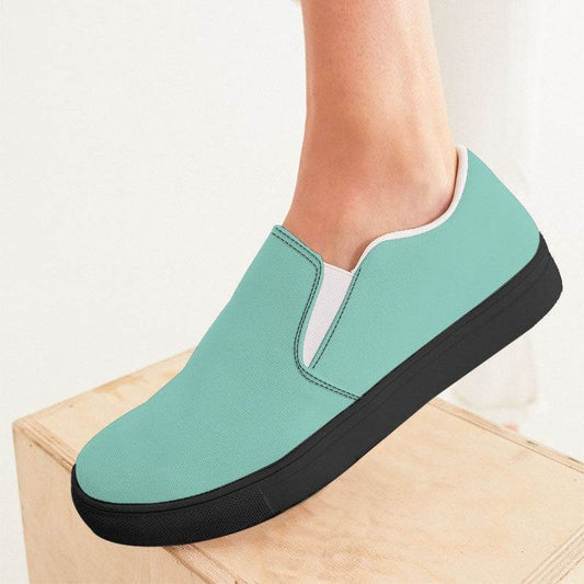 Light Medium Blue-Green Women's Slip-On Canvas Sneakers (BG-ME-LI) - Woman CloseUp
