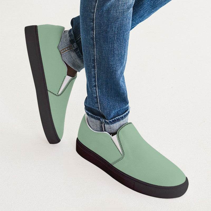 Lightened Fully-Muted Green Men's Slip-On Canvas Sneakers (G-FM-LG) - Man CloseUp
