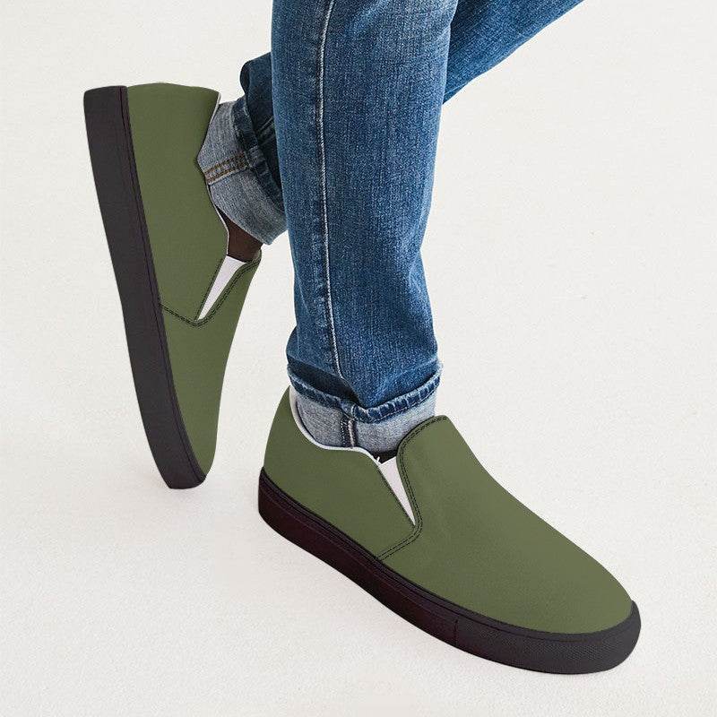 Medium-Dark Fully-Muted Lime Men's Slip-On Canvas Sneakers (L-FM-MD) - Man CloseUp