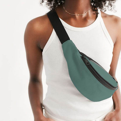 Medium Fully-Muted Blue-Green Belt Bag (BG-FM-ME) - Woman Front CloseUp