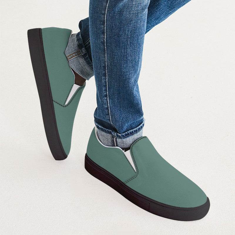 Medium Fully-Muted Blue-Green Men's Slip-On Canvas Sneakers (BG-FM-ME) - Man CloseUp