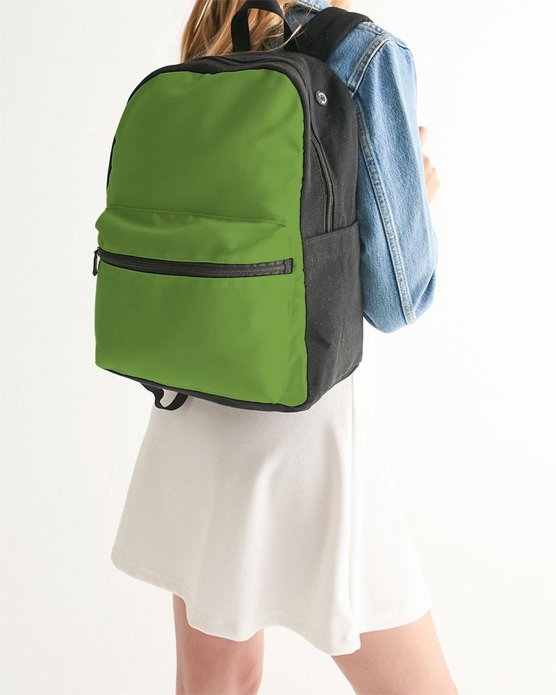 Muted Warm Green Canvas Backpack C50M0Y100K30 - Woman Back Closeup